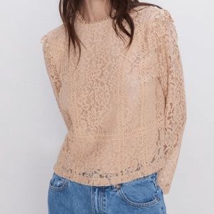 Zara long sleeve lace crop top beige small